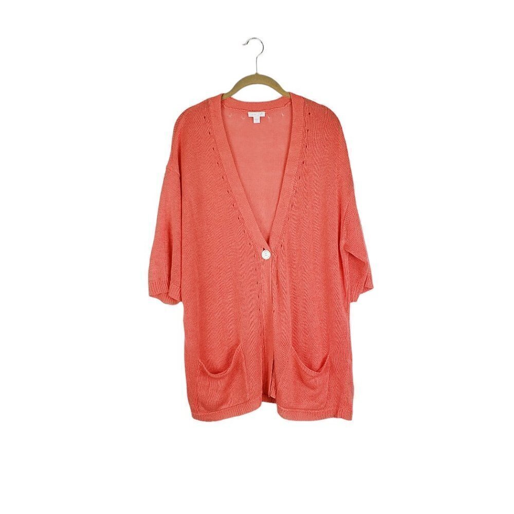J Jill Love Linen Short Sleeve Cardigan Sweater Coral Knit Womens Size Large
